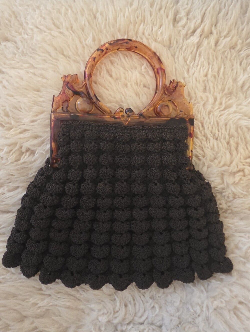 Gorgeous Vintage Mini Popcorn Crochet bag with Dog Handles in Tortoise Colours.